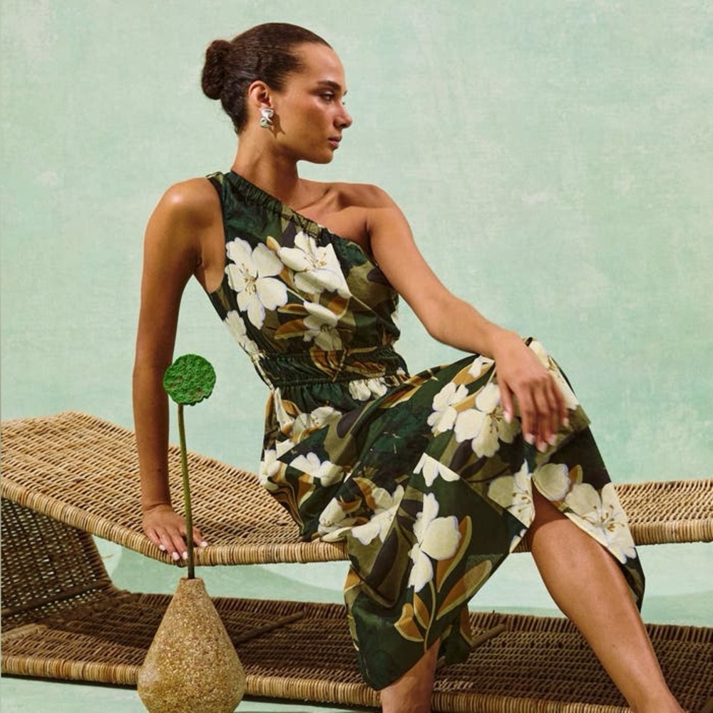NWT Rails Selani Floral Plumeria One-Shoulder Cotton Midi Dress Small